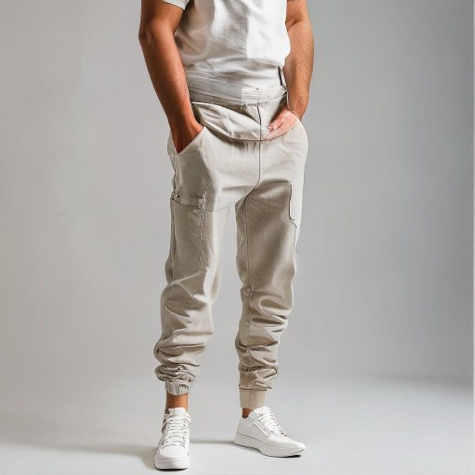 Big and tall male model wearing cropped pants and clean sneakers in a premium studio.