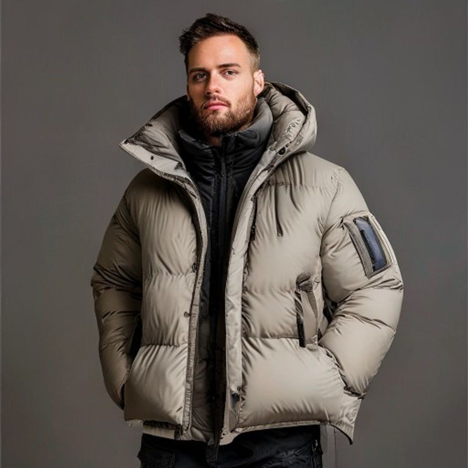 Big and tall male model wearing a padded down jacket in a premium studio setting.