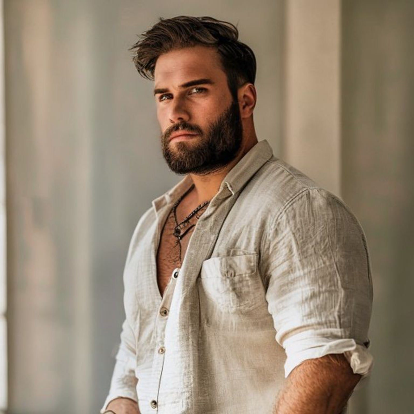 Confident big and tall male model wearing modern neutral menswear in a premium studio setting.