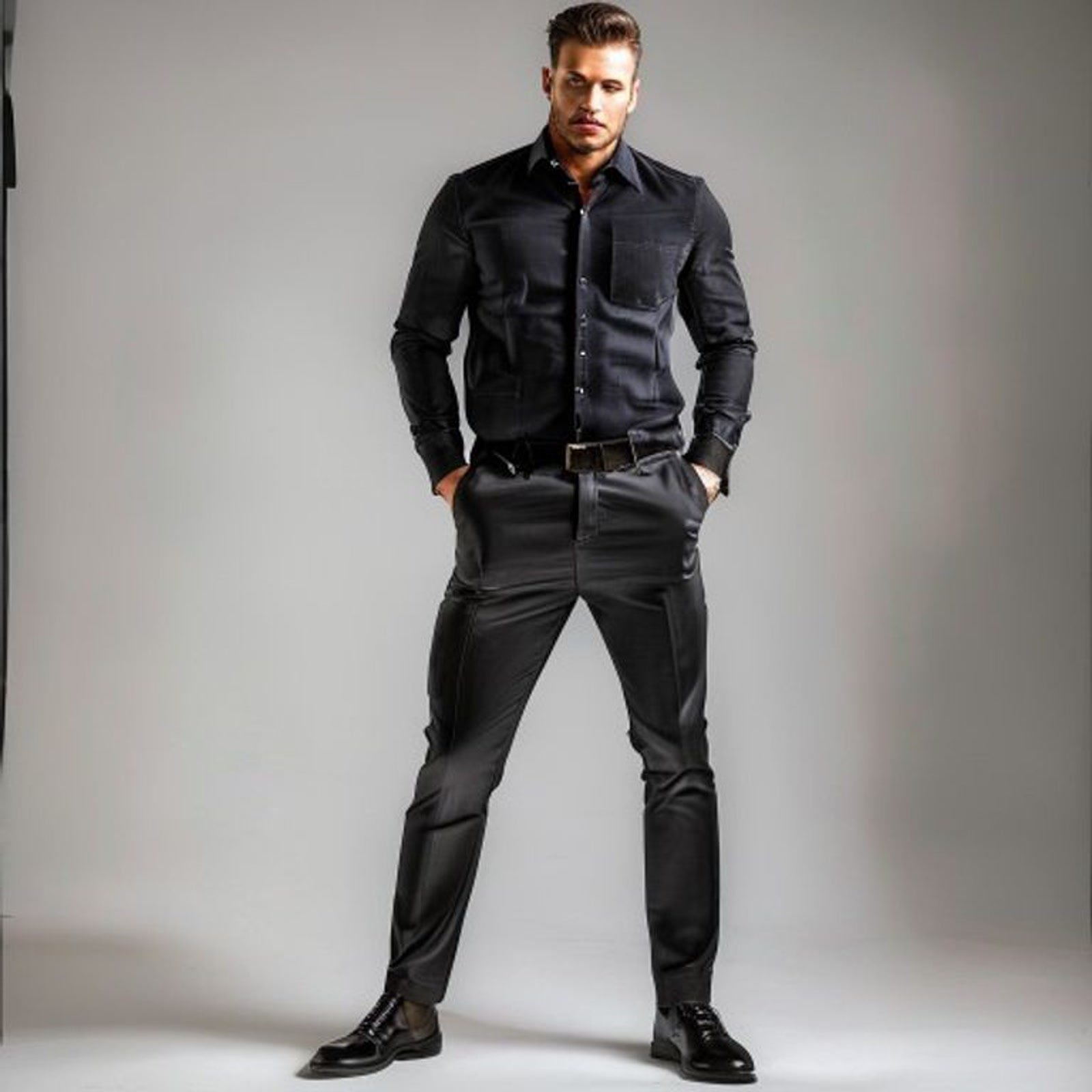 Big and tall male model wearing long pants with a clean leg line in a premium studio.