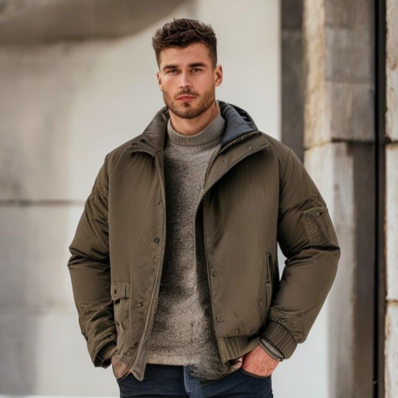 Big and tall male model wearing modern outerwear in a premium studio setting.