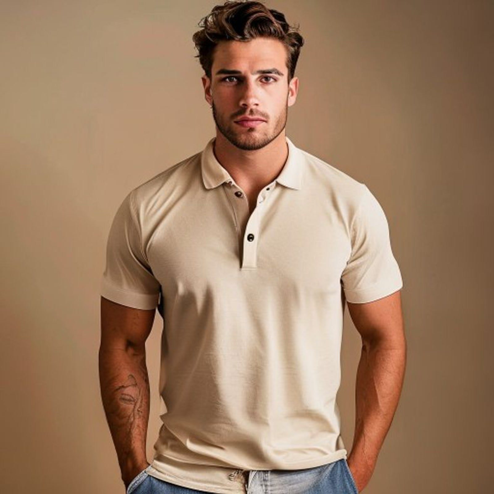 Big and tall male model wearing a premium short sleeve top in a clean studio setting.